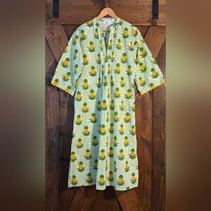 Pink City Prints Pineapple Print Dress With Scalloped Sleeve Accents 100% Cotton